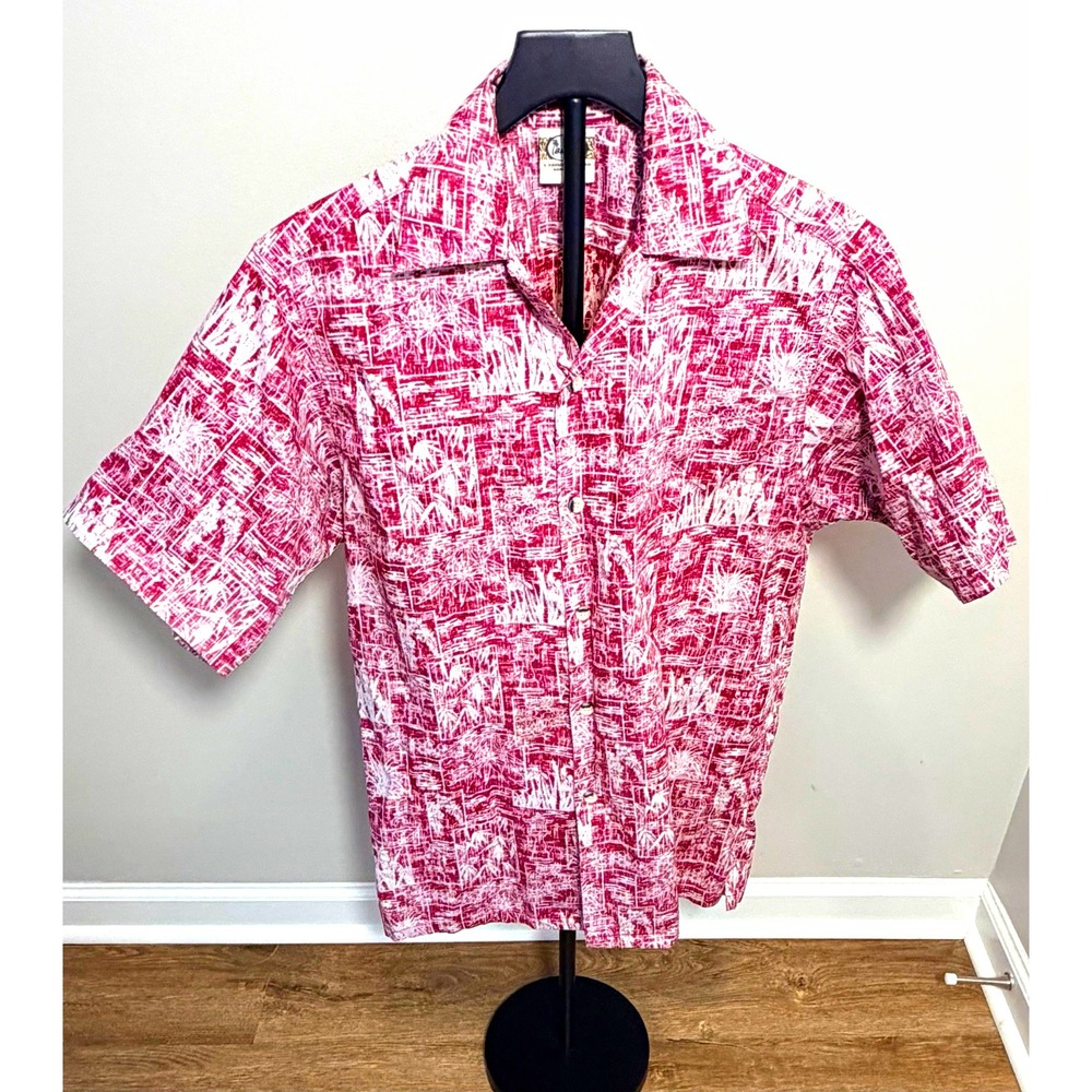 Go Barefoot Men’s S Red/White Graphic Hawaiian Cotton Short Sleeve Button-Up
